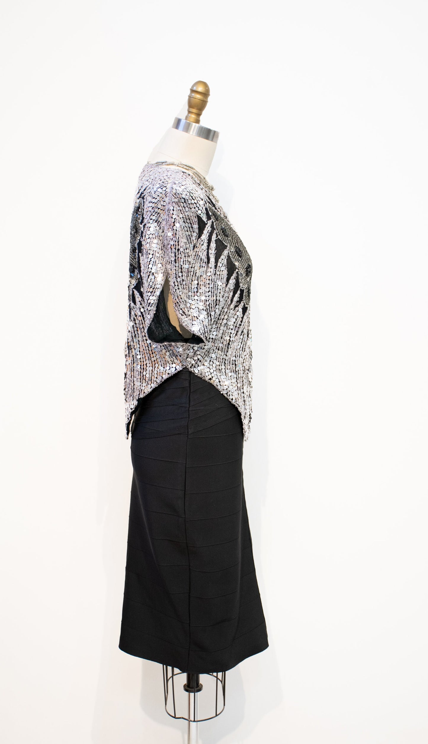 Vintage 1970s Sequins Top BUTTERFLY Blouse DISCO Cropped Silver Batwing Shirt