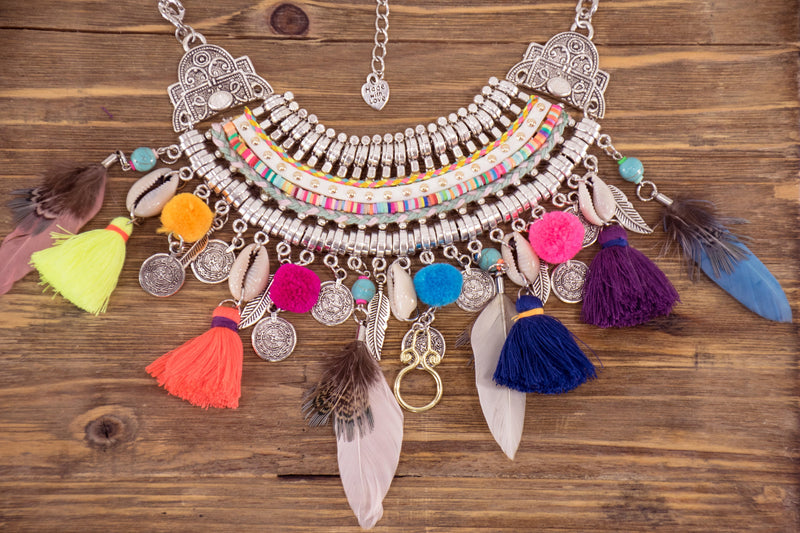 Boho Tribal Necklace Gypsy Charm Coin Colorful Feather Shell Tassel Fringe Gift Bib Necklace
