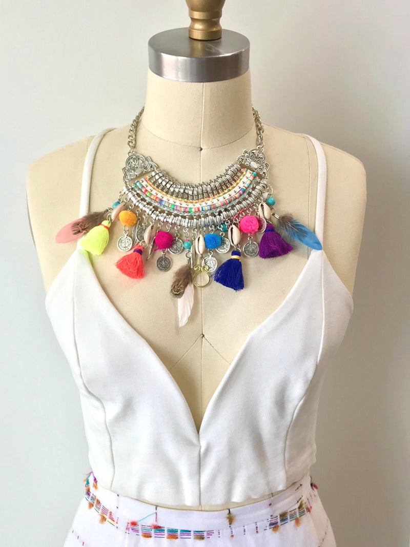 Boho Tribal Necklace Gypsy Charm Coin Colorful Feather Shell Tassel Fringe Gift Bib Necklace