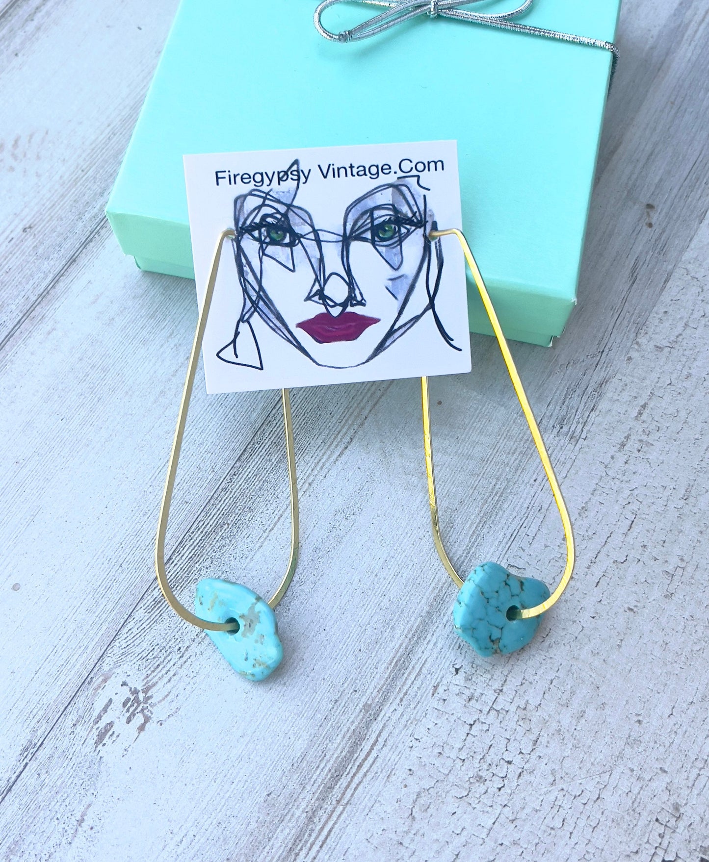Turquoise Stone Earrings Large Teardrop Hoops Gold Or Silver