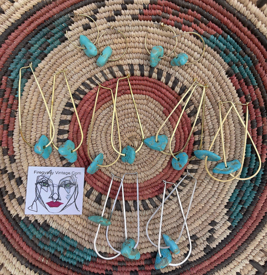 Turquoise Stone Earrings Large Teardrop Hoops Gold Or Silver