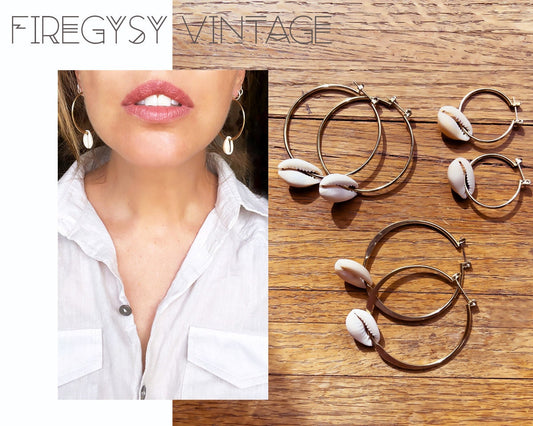 Hoop Earrings Cowrie Shell Hoops Seashell Charm Earrings Beach Style Cowry Shells