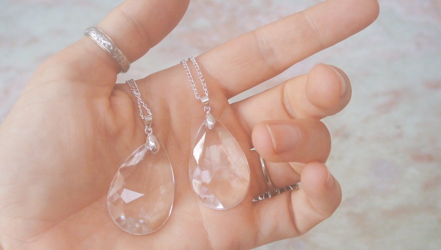 Sterling and Glass Necklace Tear Drop Sterling Silver Crystal Pendant Necklace