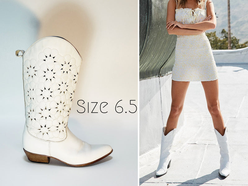 White Cowboy Boots Sz 6.5 CUTOUT Floral Sunshine Vintage