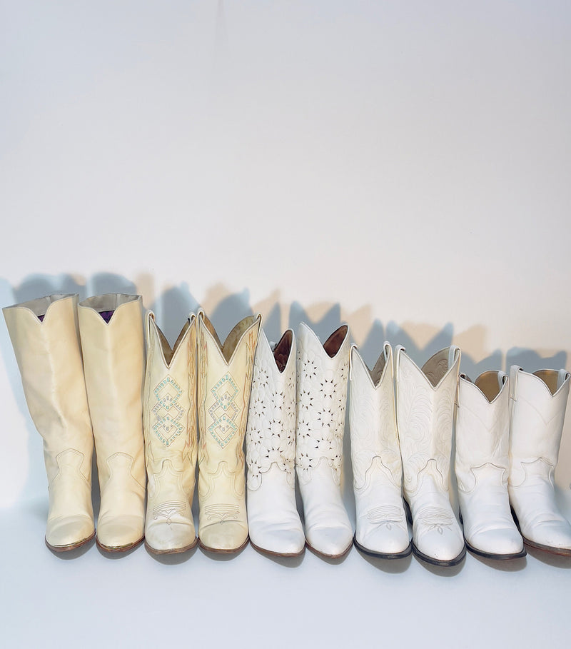 White Cowboy Boots Sz 6.5 CUTOUT Floral Sunshine Vintage