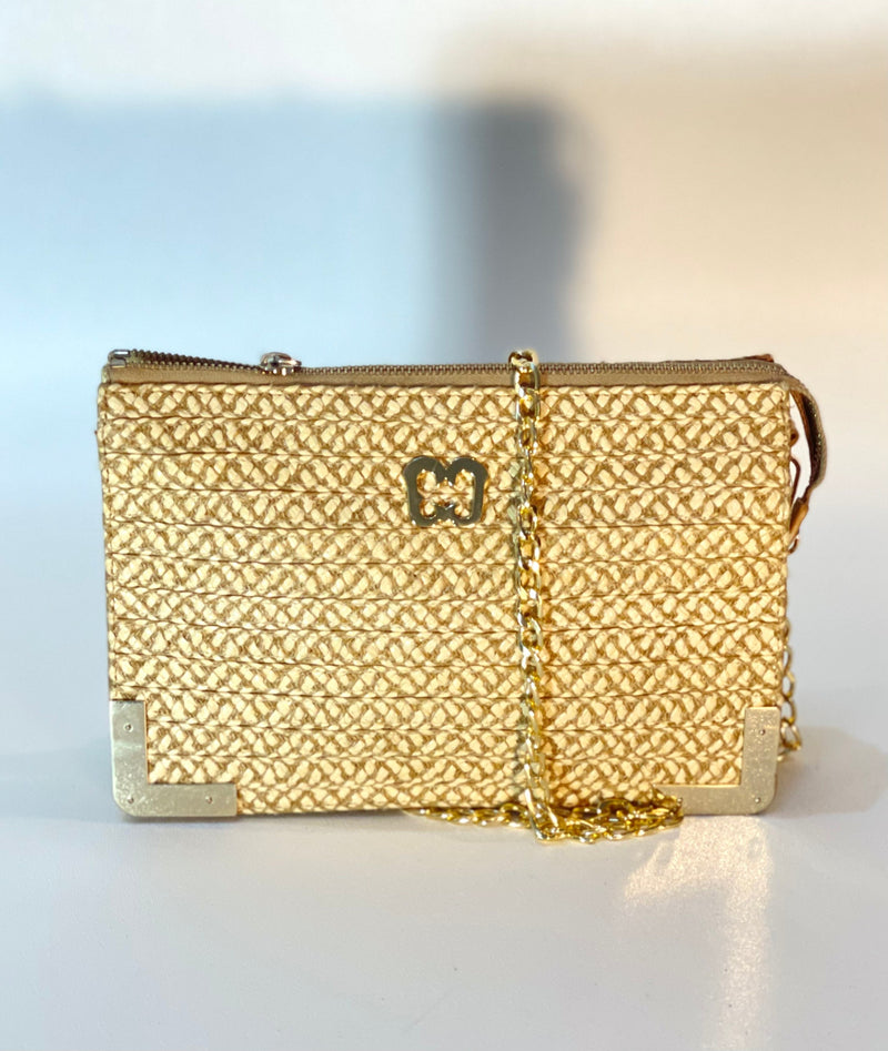 ERIC JAVITS Chain Purse  Designer Crossbody Handbag Woven Clutch Beach Bamboo Straw Evening Bag