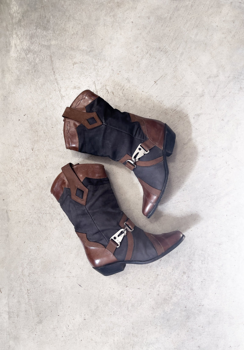 Vintage Boots Sz 8 Buckle Cowgirl Boots Black and Brown Leather Western Flat Booties Size 8