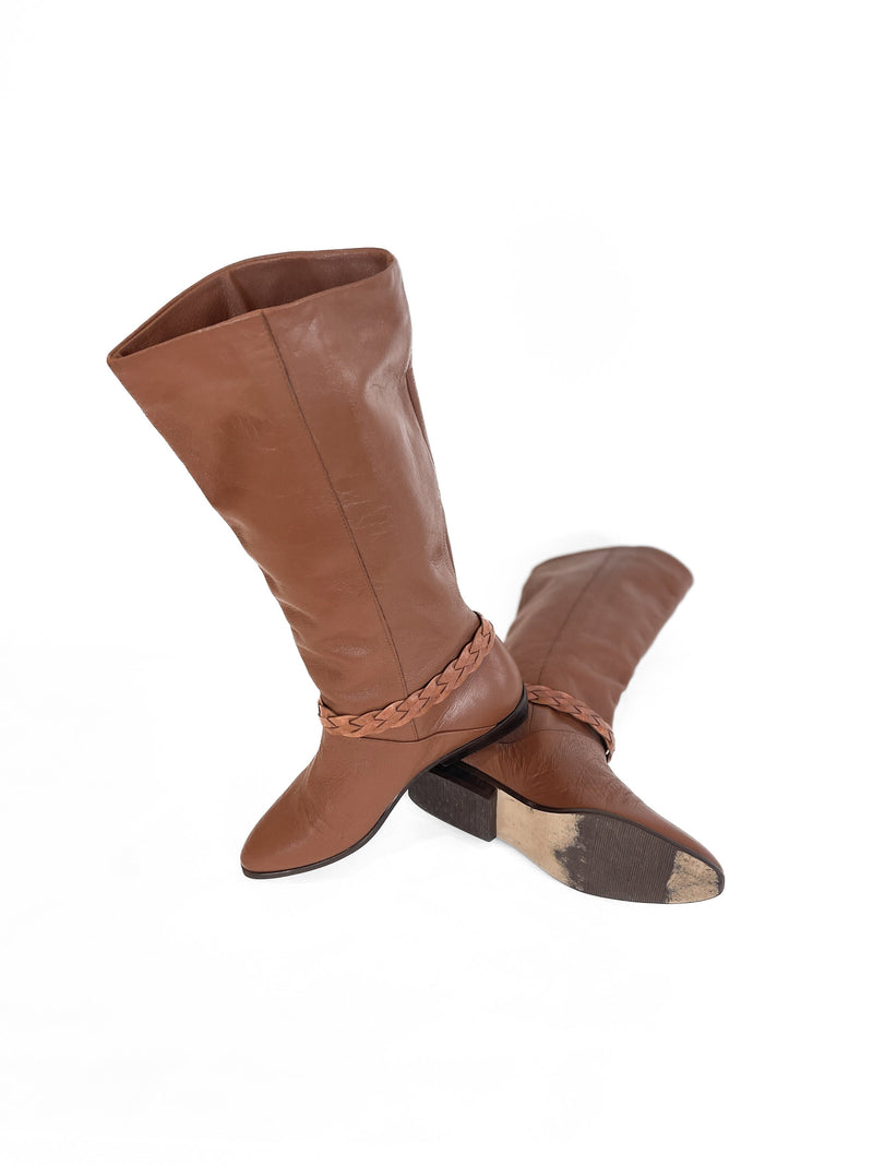 Vintage Boots Size 6 Braided Flat Boots Tall Brown Leather Knee High Slouch Riding Boots Sz.6