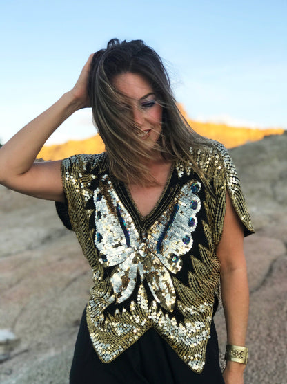 Vintage 1970s Sequins Top BUTTERFLY Blouse DISCO Cropped GOLD Batwing Shirt