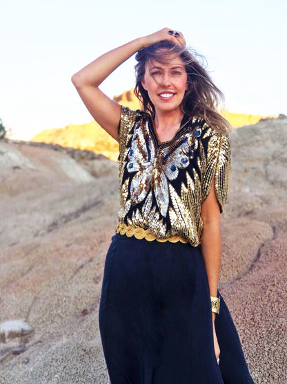 Vintage 1970s Sequins Top BUTTERFLY Blouse DISCO Cropped GOLD Batwing Shirt
