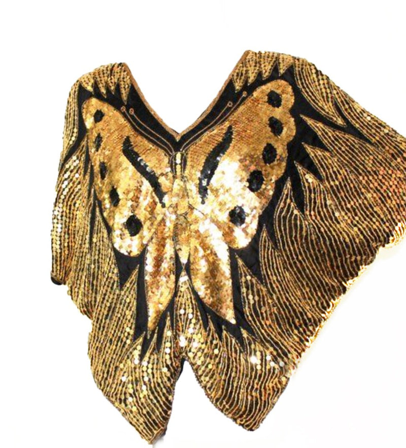 Vintage 1970s Sequins Top BUTTERFLY Blouse DISCO Cropped GOLD Batwing Shirt