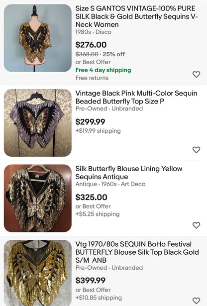 Vintage 1970s Sequins Top BUTTERFLY Blouse DISCO Cropped GOLD Batwing Shirt