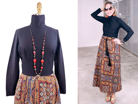 Vintage 70s Dress Boho MAXI Dress QUILTED Patchwork Abstract Floral Turtleneck Winter Dress Size S Sz. 4