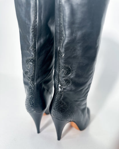 Tall Boots Size 8 Made in ITALY Black Leather Heeled Boots Designer Couture Booties Heels Sz. 8