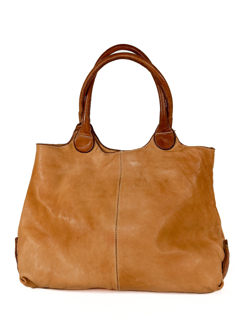 Large Tote Bag Brown Leather Boho Two Tone Tan Purse Vintage Carryall Travel bag