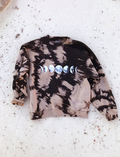 Tie Dye Sweatshirt MOON PHASE Bleach Out Oversized Sweatshirt Black and Tan Sweater All Sizes