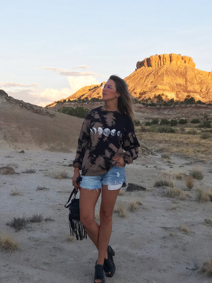 Tie Dye Sweatshirt MOON PHASE Bleach Out Oversized Sweatshirt Black and Tan Sweater All Sizes
