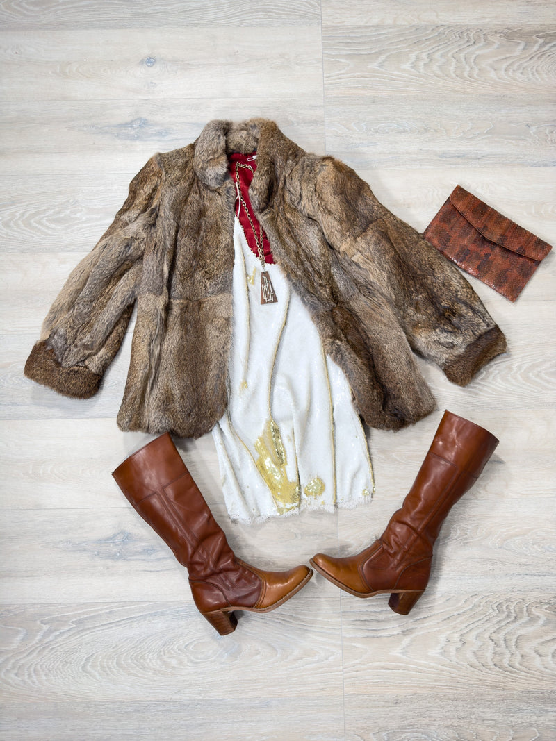 Vintage Fur Coat Fuzzy Brown 1970s Winter Coat Size Large