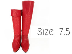 Red Boots Size 7.5 Vintage Flat Leather Tall Pirate boots Slouch Fold Up Down 80s GLAM Booties Womens Sz. 7 1/2