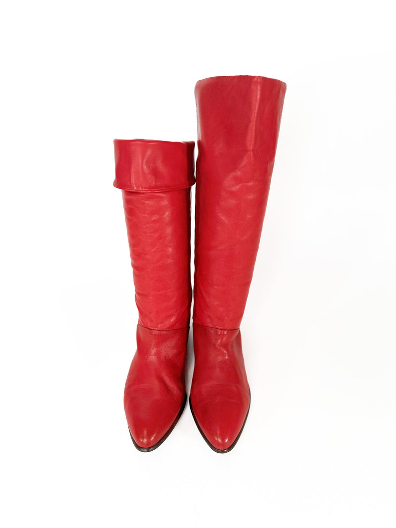 Red Boots Size 7.5 Vintage Flat Leather Tall Pirate boots Slouch Fold Up Down 80s GLAM Booties Womens Sz. 7 1/2