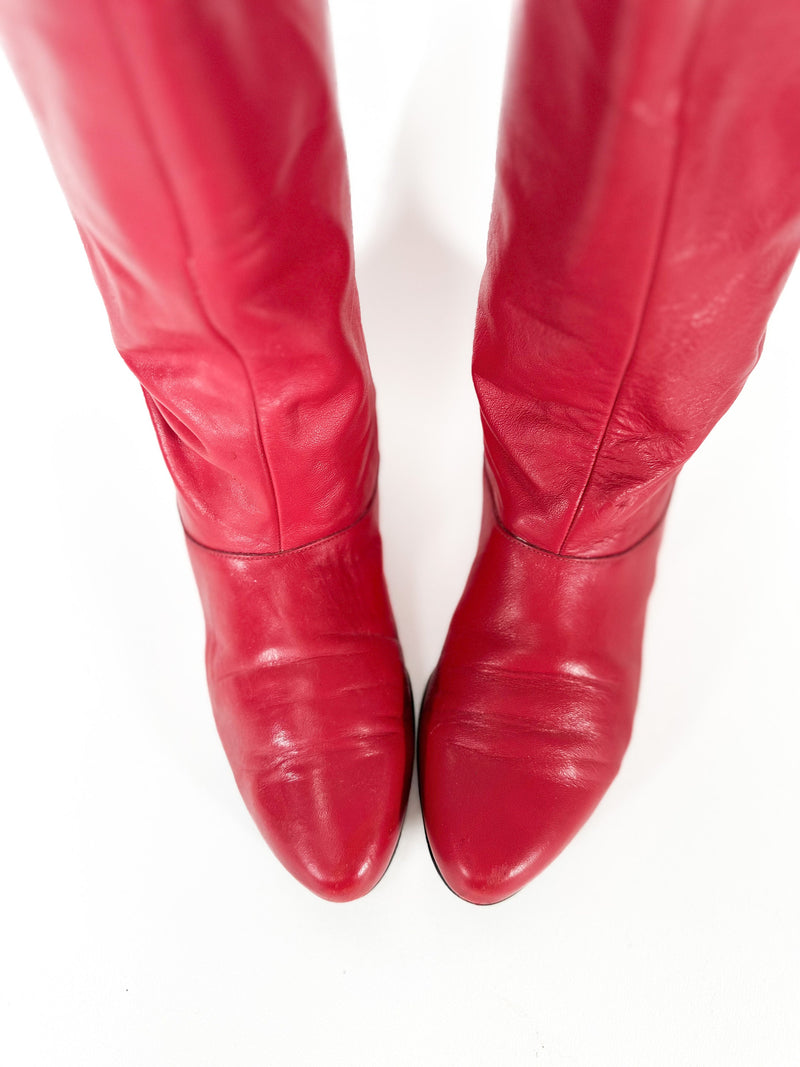 Red Boots Size 7.5 Vintage Flat Leather Tall Pirate boots Slouch Fold Up Down 80s GLAM Booties Womens Sz. 7 1/2