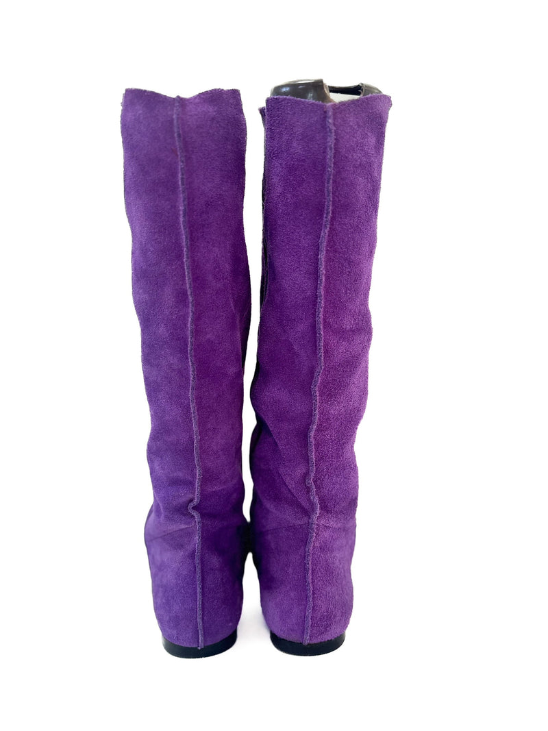 Purple Boots Size 8 Vintage Flat Leather Tall Pirate boots Slouch Fold Up Down 80s GLAM Booties Womens Sz. 8