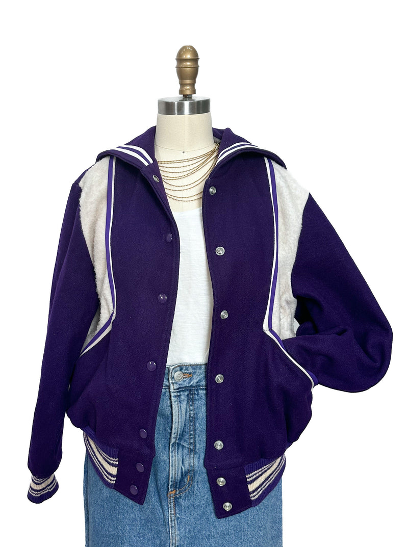 Vintage 1950s Varsity Letterman Jacket Purple White College Sports 