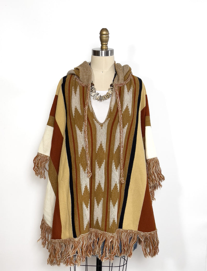 Southwestern Poncho 70s Fringe Shawl Cape Vintage 1970s Knit