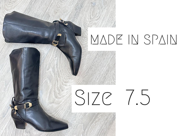 80s Riding Boots Sz. 7.5 Buckle Harness AVANT GARDE Knee Tall Made in SPAIN Black Short Heel Boots Size 7 1/2