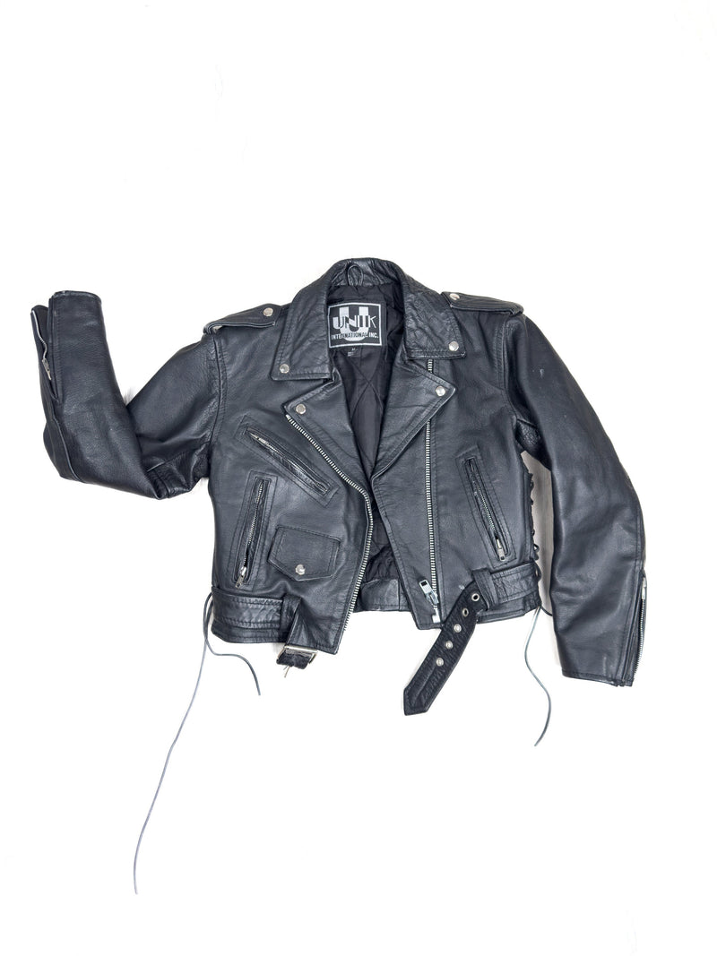 Vintage MOTO Leather Jacket Size Small Black Motorcycle Biker Cropped Jacket Sz. S