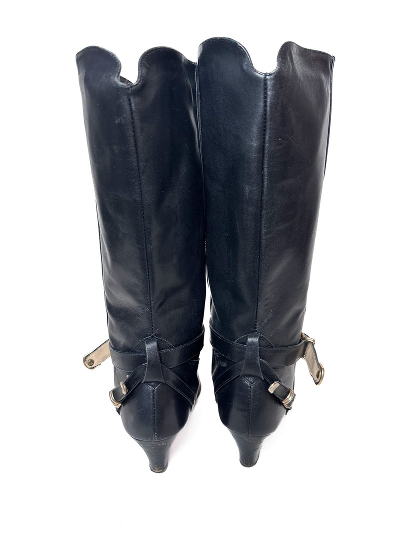 80s Riding Boots Sz. 7.5 Buckle Harness AVANT GARDE Knee Tall Made in SPAIN Black Short Heel Boots Size 7 1/2