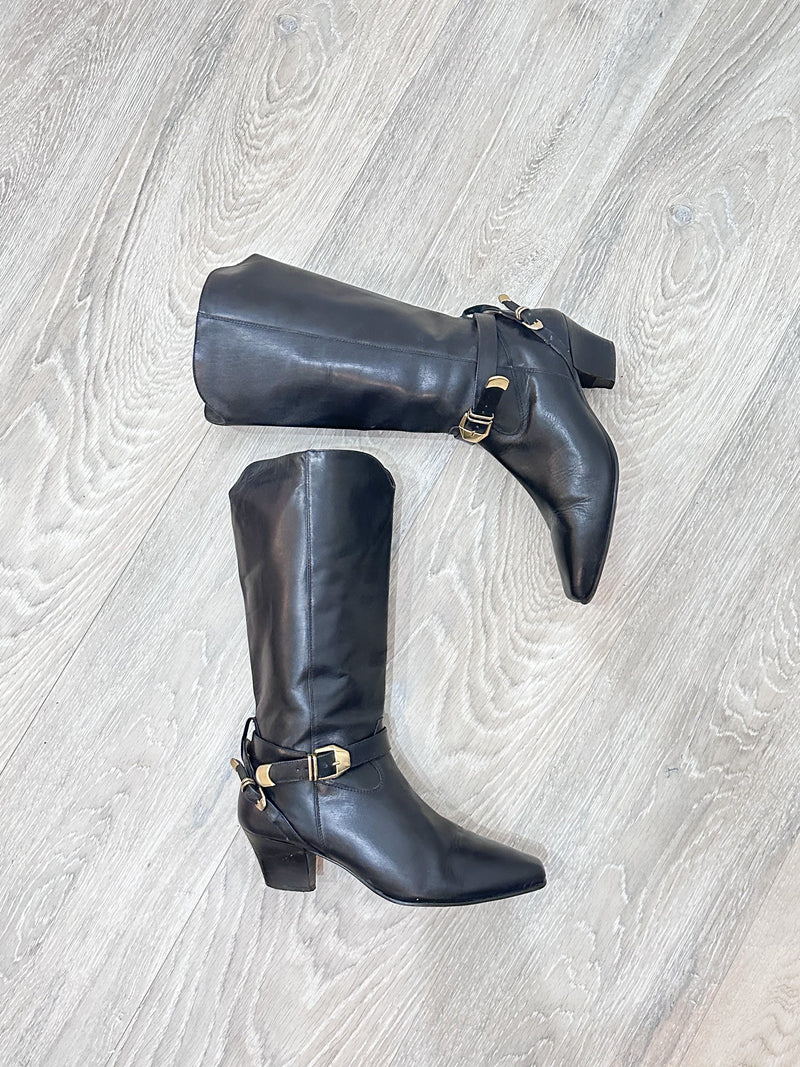 80s Riding Boots Sz. 7.5 Buckle Harness AVANT GARDE Knee Tall Made in SPAIN Black Short Heel Boots Size 7 1/2