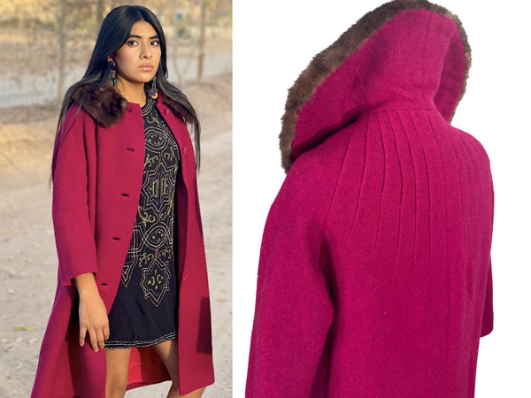Vintage Coat Sz. M Berry Color 1960s Mink Fur Collar Dress Raspberry Cranberry Coat Size Medium