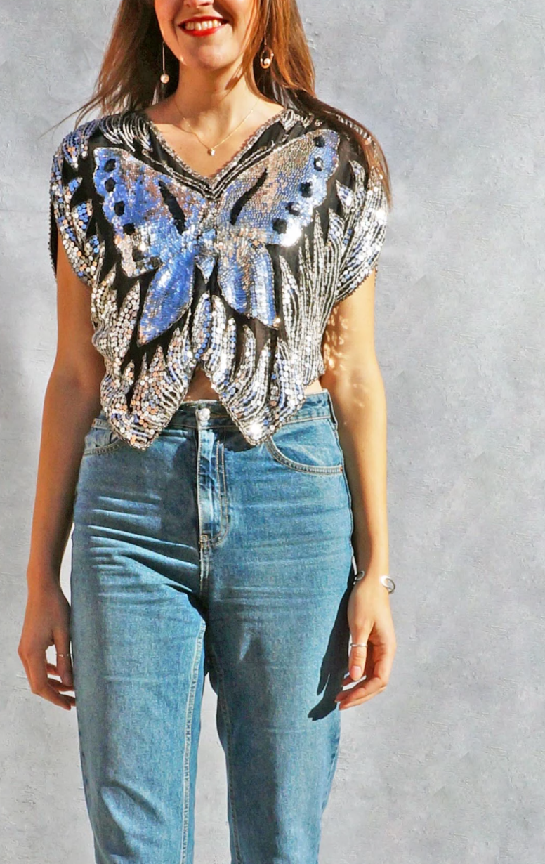 Vintage Silk Sequins Butterfly Blouse Vintage India Gauze 70s-80s Summer Festival Crop Top