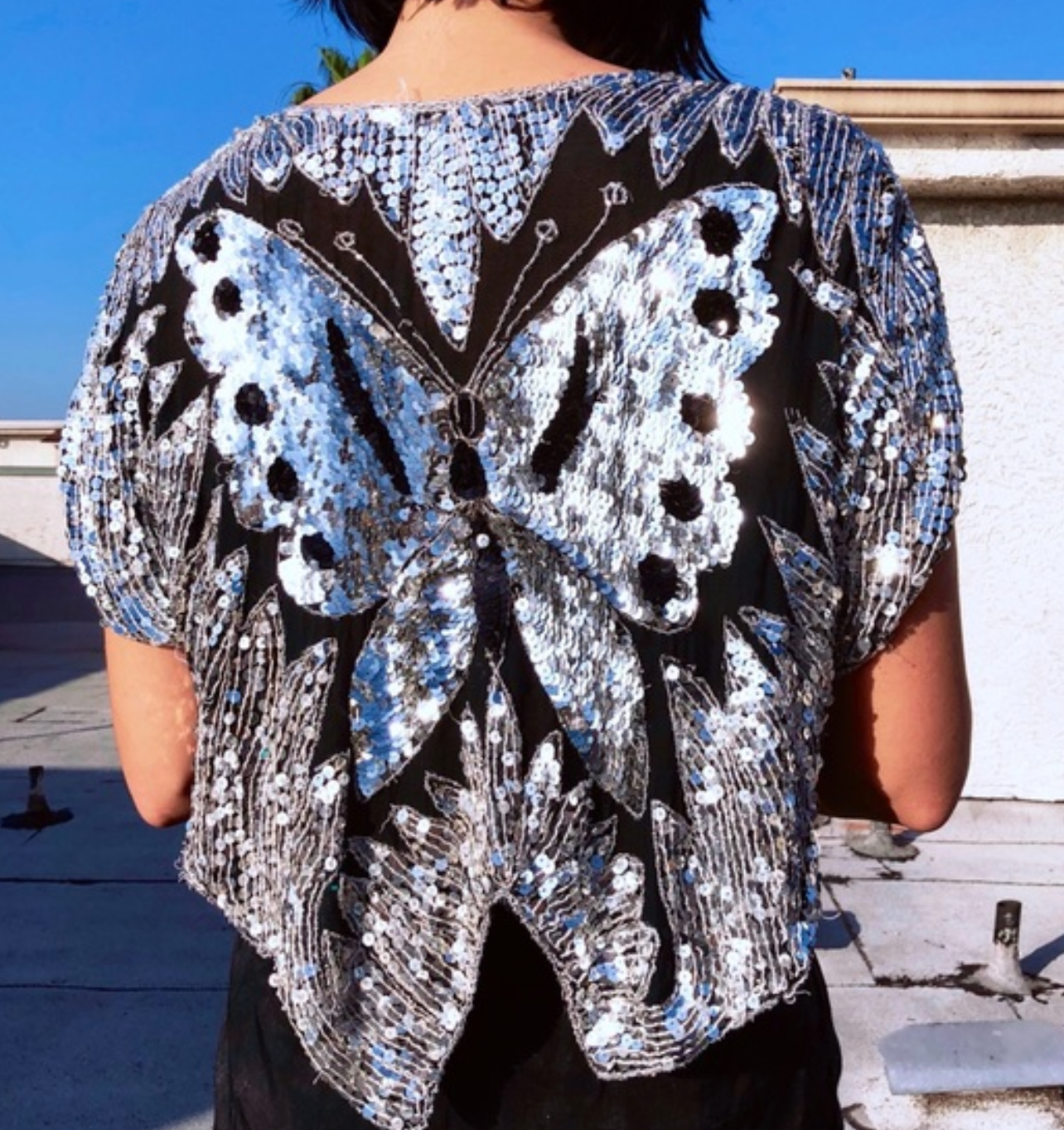 Vintage Silk Sequins Butterfly Blouse Vintage India Gauze 70s-80s Summer Festival Crop Top