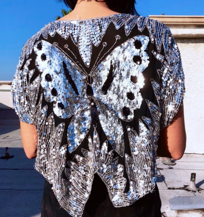 Vintage Silk Sequins Butterfly Blouse Vintage India Gauze 70s-80s Summer Festival Crop Top