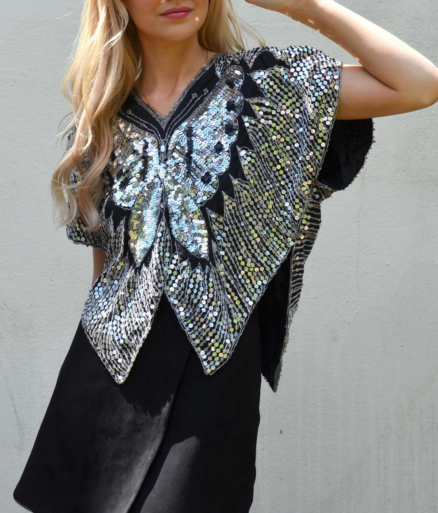 Vintage Silk Sequins Butterfly Blouse Vintage India Gauze 70s-80s Summer Festival Crop Top
