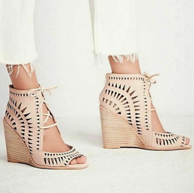 Cut-Out Leather Wedge Sandals