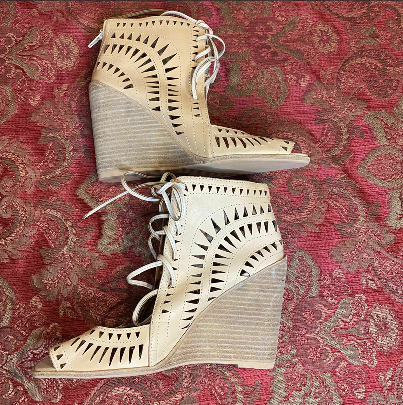 Jeffrey Campbell Cutout Heels Rodillo Beige Tan Leather Wedge Sandals Size 9