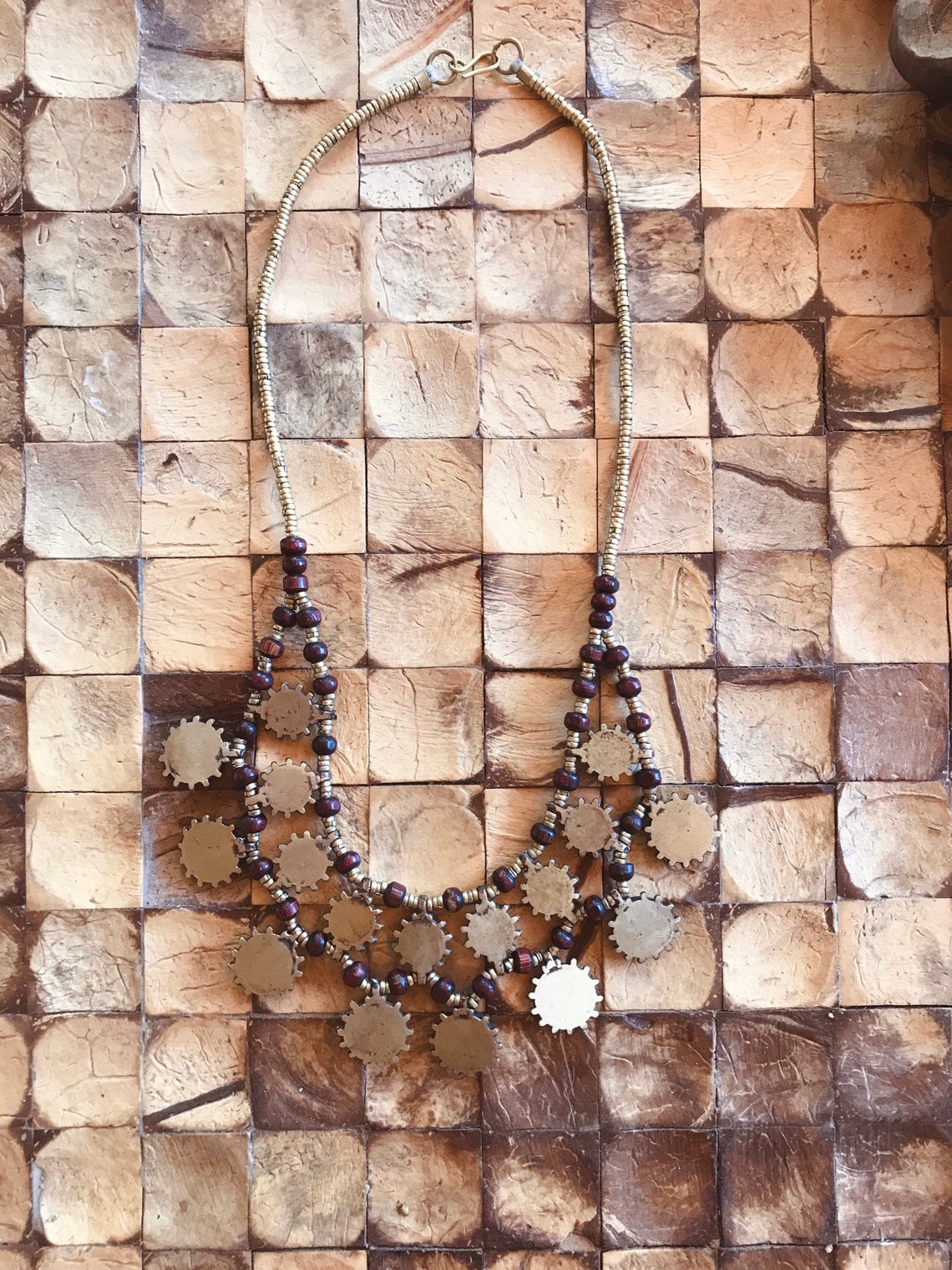 Vintage Necklace Turkish Turquoise Medallion Golden Brass BOHO Statement Vintage Necklace