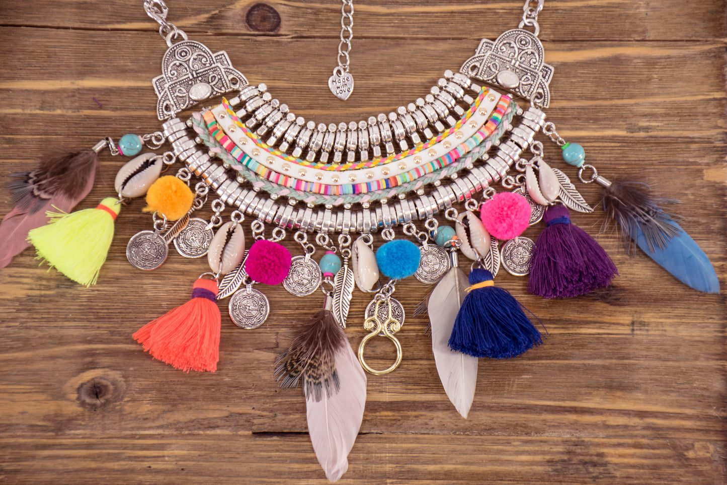 Statement Necklace Colorful Pom Fringe Boho Feather Bib Necklace