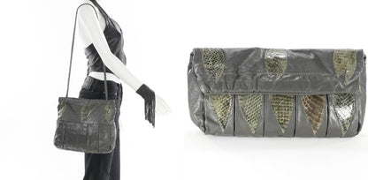 Vintage Gray Leather Bag Convertible Crossbody Clutch Purse  Snakeskin Satchel