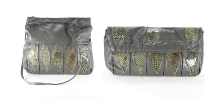 Vintage Gray Leather Bag Convertible Crossbody Clutch Purse  Snakeskin Satchel