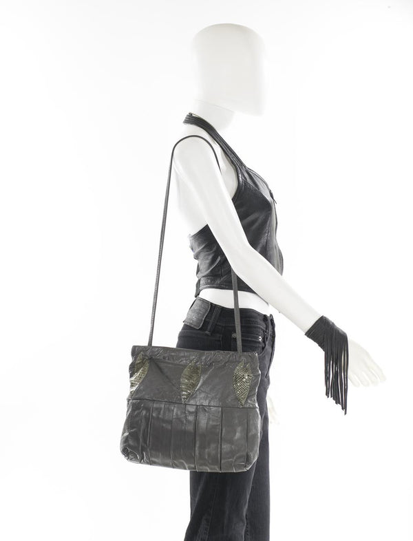 Vintage Gray Leather Bag Convertible Crossbody Clutch Purse  Snakeskin Satchel