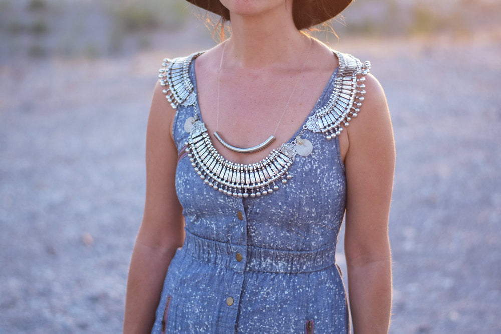 Bohemian Statement Necklace Shoulder Harness Necklace Turkish Silver Bib Festival Necklace