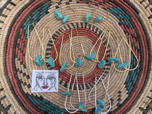 Turquoise Hoops Teardrop Dangle Gold or Silver Earrings