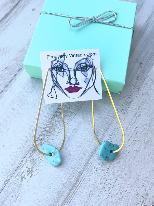 Turquoise Hoops Teardrop Dangle Gold or Silver Earrings