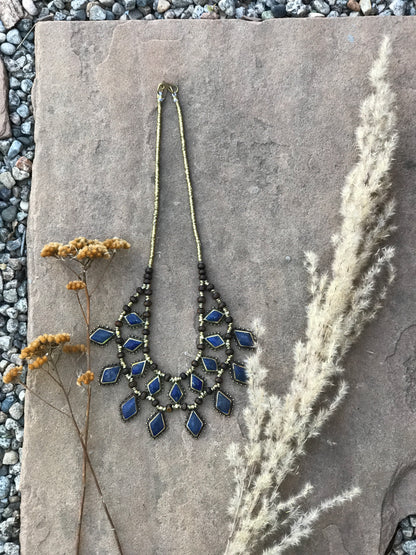 Vintage Boho Necklace Lapis Lazuli Turkish Golden Brass Diamond Pendants Statement Necklace
