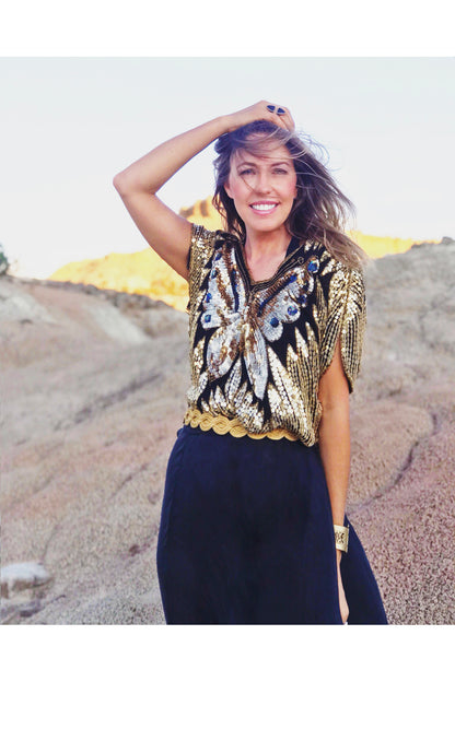 Vintage Silk Sequins Butterfly Blouse Vintage India Gauze 70s-80s Summer Festival Crop Top