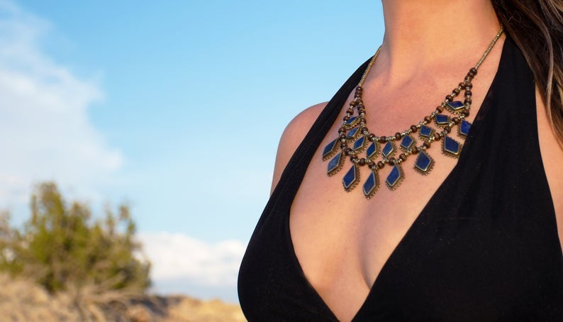 Vintage Boho Necklace Lapis Lazuli Turkish Golden Brass Diamond Pendants Statement Necklace